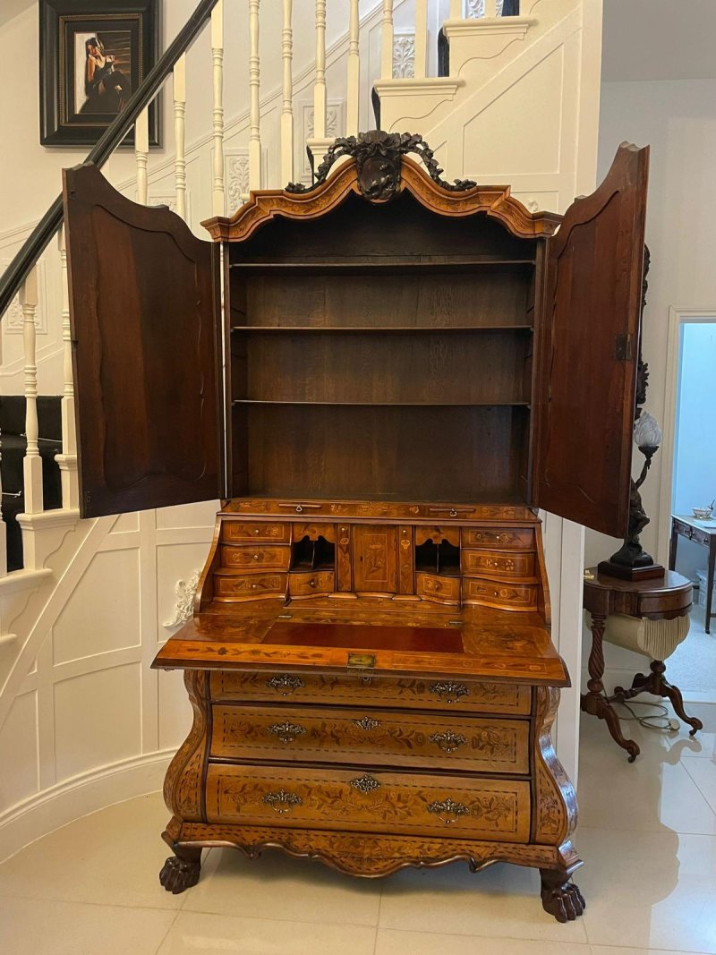 Outstanding Quality 18th Century Antique Dutch Marquetry Inlaid Burr Walnut Bureau Bookcase - Image 2